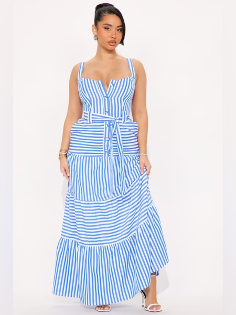 Blue and White Striped Maxi Dress with Tie Waist